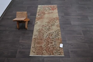 Vintage Turkish Runner Rug 2x5ft Wool Anatolian Handmade Hallway Oushak BROWN - Picture 1 of 9