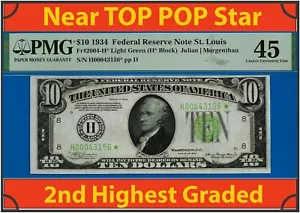 1934 $10 FRN PMG 45 rare 2nd Highest Graded St. Louis star 7 known Fr 2004-H* - Picture 1 of 5