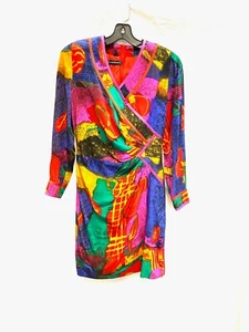 LOUIS FERAUD Geometric Abstract Floral Retro Print V-Neck Silk Dress 8 40F UK12 - Picture 1 of 4