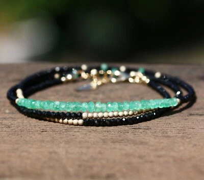 Natural Black Spinel Columbian Emerald Long Necklace wrap Bracelet 14k Gold Fill - Image 1 of 4