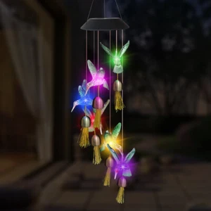 Solar Color Changing LED Lights Hummingbird Wind Chimes With Bell Home Décor  - Picture 1 of 6