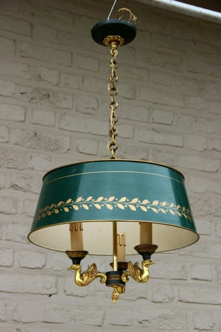 French Bouillotte empire Bronze metal Green Swan figurines Chandelier pendant Cover