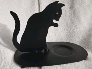 Vtg Thin Metal 5" BK Cat Silhouette Paw Up Sitting On Base Votive Candle Holder - Picture 1 of 17