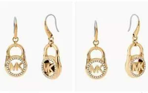 NEW MICHAEL KORS GOLD TONE,CRYSTALS GLITZ,MK PADLOCK DROP HOOK EARRINGS MKJ7392 - Picture 1 of 5
