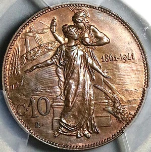 1911 PCGS MS 64 Italy 10 Centesimi Kingdom Anniversary BN Coin (24082402C) - Picture 1 of 6