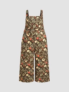 New Cider Lightweight Corduroy Floral Pocket Wide Leg Jumpsuit Size 0XL Brown - Picture 1 of 14