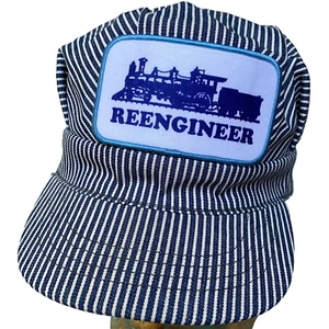 Reengineer Patch Train Conductor Cap Hat Made in USA Snapback Blue White Striped - Picture 1 of 12