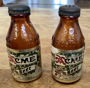 VTG Amber Glass ACME BEER Bottles Salt & Pepper Shakers, Los Angeles, 3” Tall - Picture 1 of 6