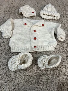 Girls Handmade Crochet Ladybug Jacket, Booties and 2 Hats - Picture 1 of 11
