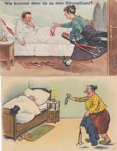 Ehepaar fremdes Strumpfband Lot 2 Künstler-AK uralt Ehe Liebe Humor 2310033 - Picture 1 of 2