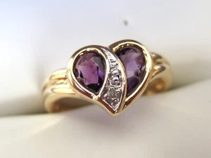 10K Yellow Gold Amethyst and Diamond Ring with Heart Shape Design Size 6 - Picture 1 of 10