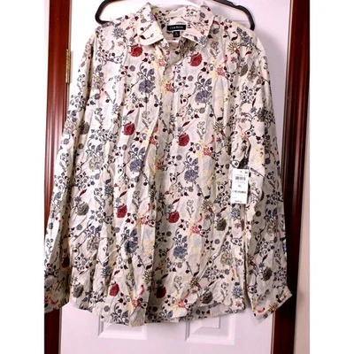 Camisa Club Room elegante estampa floral abotoada azul creme borgonha GG - Imagem 1 de 4