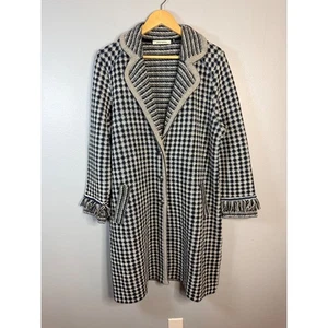 Aldomartins Black & White & Blue Houndstooth Fringe Knit Coat Size 10 - Picture 1 of 9