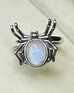 925 Sterling Silber natürlicher Cabochon Regenbogen Mondstein Spinne Unisex Ring - Bild 1 von 15