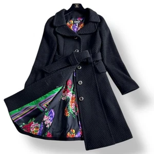 Dolce Gabbana Black Long Coat with Belt & Floral Lining Classic Elegant Size 42 - Picture 1 of 24