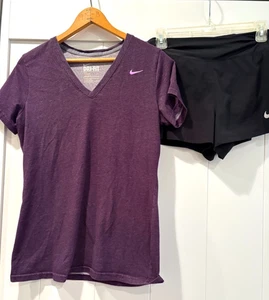 Nike Dri Fit Running Outfit Purple VNeck T and Black Lined Shorts Size Large - Picture 1 of 13