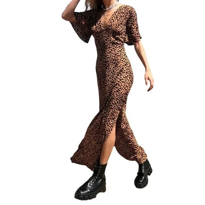 Nasty Gal я хочу разрез все леопард печать v-образным вырезом трепетать рукав макси платье Sz 12 - Изображение 1 из 4