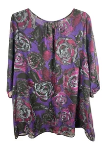 Top túnica JMS 4X púrpura transparente rosa floral cintura caída manga 3/4 ojo de cerradura espalda nuevo con etiquetas - Imagen 1 de 16
