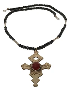 handmade African Tuareg Berber Cross Necklace with Brown Stone, Ethnic Jewelry - Picture 1 of 3