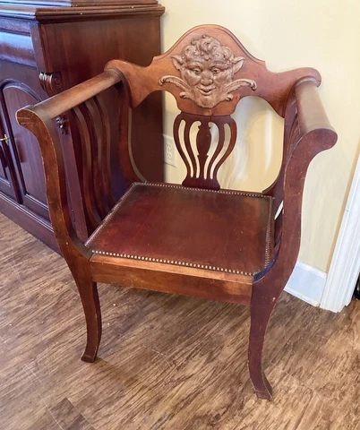 Renaissance Revival Fruitwood Open Armchair Carved Grotesque Mask Slatted Sides Cover