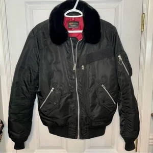 Alpha Industries Black Bomber Jacket Fur Collar Small - Picture 1 of 8