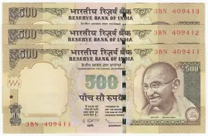 India, 500 Rupees, Lot of 3 In Consecutive Selial, UNC - Picture 1 of 4
