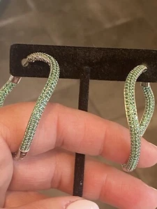 Sterling Silver Green Signity CZ Green Inside Out Wavy Hoop Earrings - Picture 1 of 15