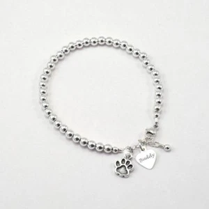 Sterling Silver Pet Loss Jewellery, Engraving of ANY Dog or Cat Name, Paw Charm - Picture 1 of 7