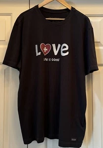 Mens LIFE IS GOOD Black LOVE Short Sleeve T-SHIRT Switzerland Flag HEART Size XL - Picture 1 of 10