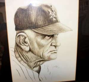 Casey Stengel Pencil Drawing by Jan Higgins 1992 14X17 Matted & Framed - Picture 1 of 3