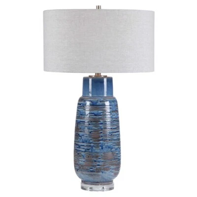  Magellan Ceramic Table Lamp Crystal Foot Indigo Blue Drip Glaze Uttermost 28276 - Image 1 of 4
