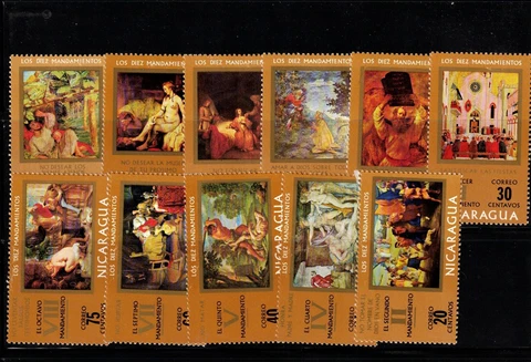 Nicaragua Sc 890-8,C776-7 MNH set of 1971, Art - Paintings -The Ten Commandments Cover