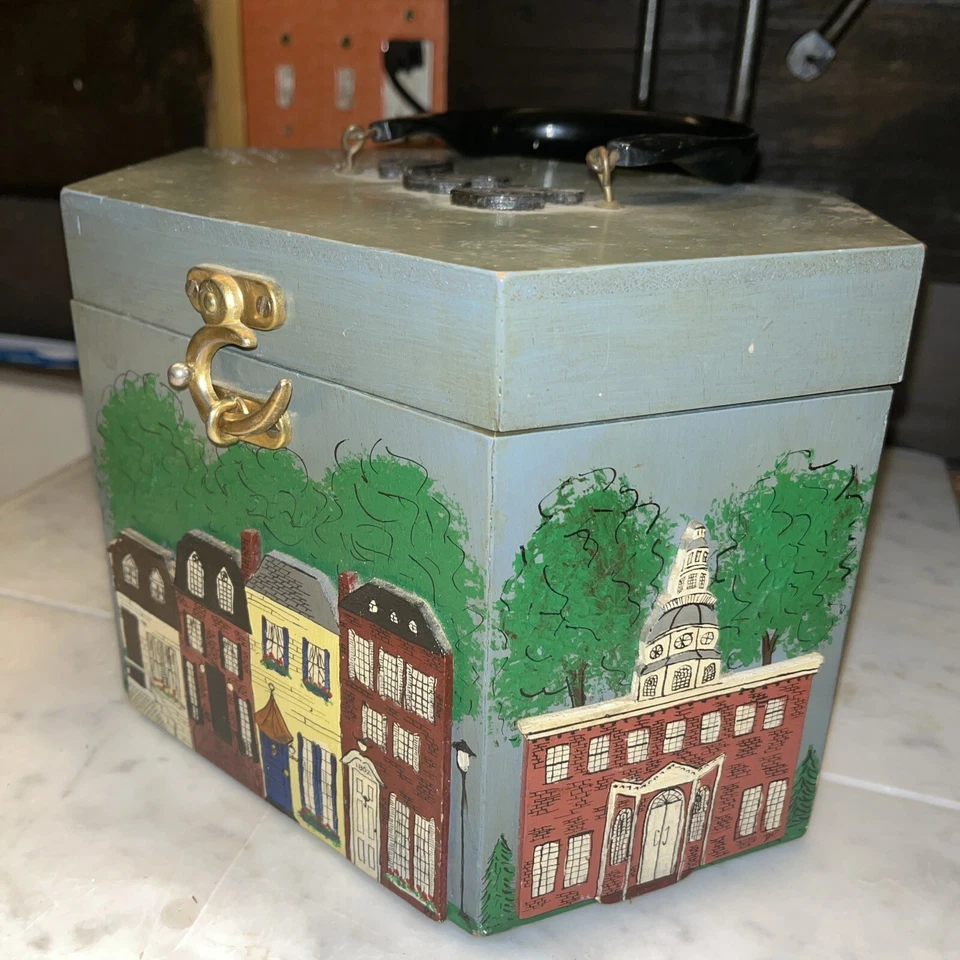 Cartera caja de madera 3D pintada a mano vintage escena de ciudad, mango de bacalita forro dorado Foto 1 de 4