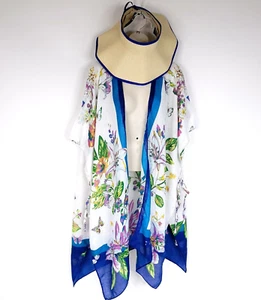 Vince Camuto Kimono Cover Up Hat Set Open Front Blue White Floral One Size - Picture 1 of 16