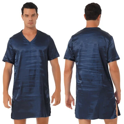 Camisón de satén para hombre manga corta camisas para dormir ropa de dormir travesti vestido midi Foto 1 de 3