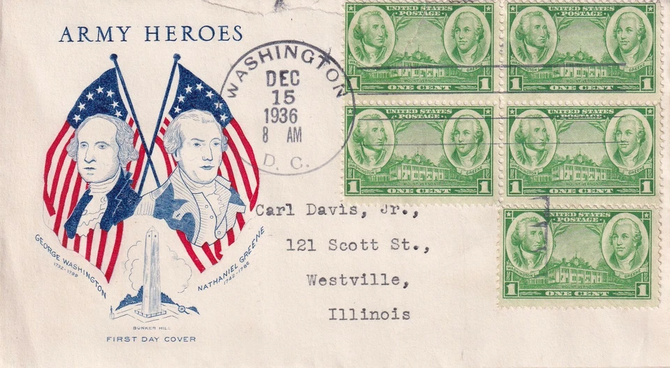 USA 1936 FIRST DAY COVER WITH CACHET BLOCK OF 5, ARMY GENERALS MT. VERNON - Image 1 of 1