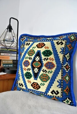 Traditional Turkish Design Cushion Cover 40x40cm - Blue Kilim Pattern - Image 1 of 2