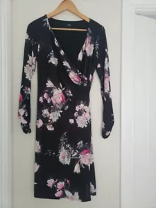 Wallis 10 Black Pink Floral Wrap Dress Knee Length Lomg Sleeved - Picture 1 of 5