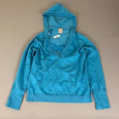 Faded Glory Hoodie Knit Pullover Sweater Large Blue Lace Trim V Neck Vintage NWT - Image 1 of 4