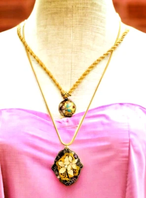 Two Handcrafted Necklaces, Decorative Bead Macrame and Flower with Amethyst - Image 1 of 4