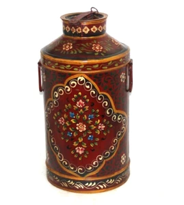 Antique Iron Red Milk Cane Cylindric Pot Floral Hand Painted Old Original 14211 - Picture 1 of 11