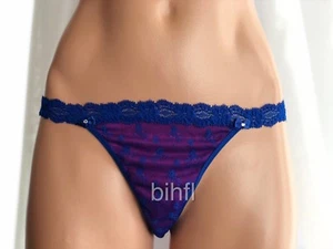 Jezebel / Thong ~ V-String / Sheer / Blue & Pink w Pattern / Lace Trim / Medium - Picture 1 of 2