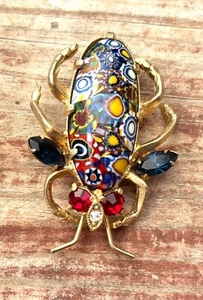 Eisenberg Brooch Millefiori Murano Glass Rhinestone Beetle pin. Hard to find! - Picture 1 of 10