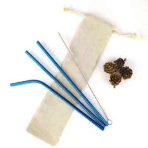 4pc Premium Stainless Steel Reusable Blue Drinking Straw Set, Brush & Eco Pouch - Bild 1 von 11