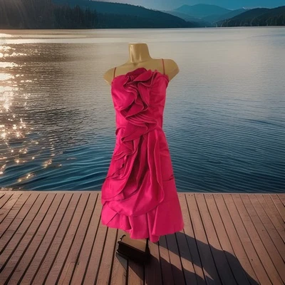 KAREN MILLEN FUCHSIA-PINK SATIN PARTY-PROM COCKTAIL DRESS UK 16 (US 12) EUR 44 - Image 1 of 4
