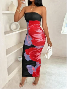 BamGleam Women's Fitted Strapless Color Blocking Floral Print Elegant Maxi Dress - Picture 1 of 6