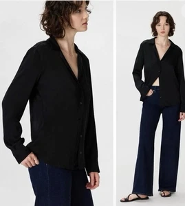 Quince Damen Seide Shirt Oberteil Schwarz Knopf Langarm Kerbkragen Gr. L Neu ohne Etikett - Bild 1 von 7