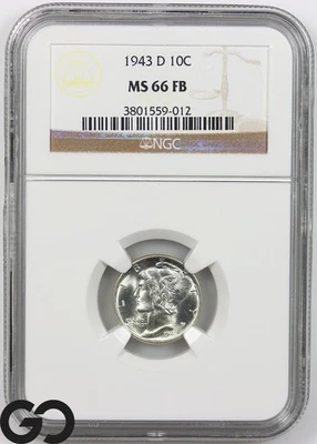 1943-D Mercury Dime, Full Bands, NGC MS-66 FB ** Premium Quality Blazer! - Image 1 of 3