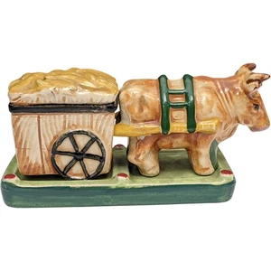 Bull Cow Salt Pepper Shaker Set Stand Ox Cart Pioneer Mose Co NY Japan Vtg - Picture 1 of 22
