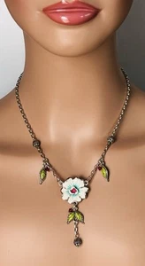 Brighton Pop Garden Necklace White Enamel Flower Pink Crystal Silver Tone 20” - Picture 1 of 10